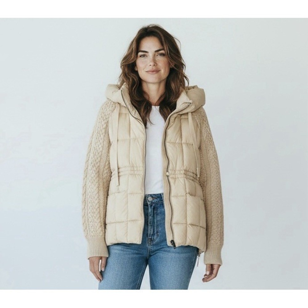 Rachel Zoe Womens  Boho Beige Puffer Jacket Knit Sleeves Sz L Hooded Winter Coat